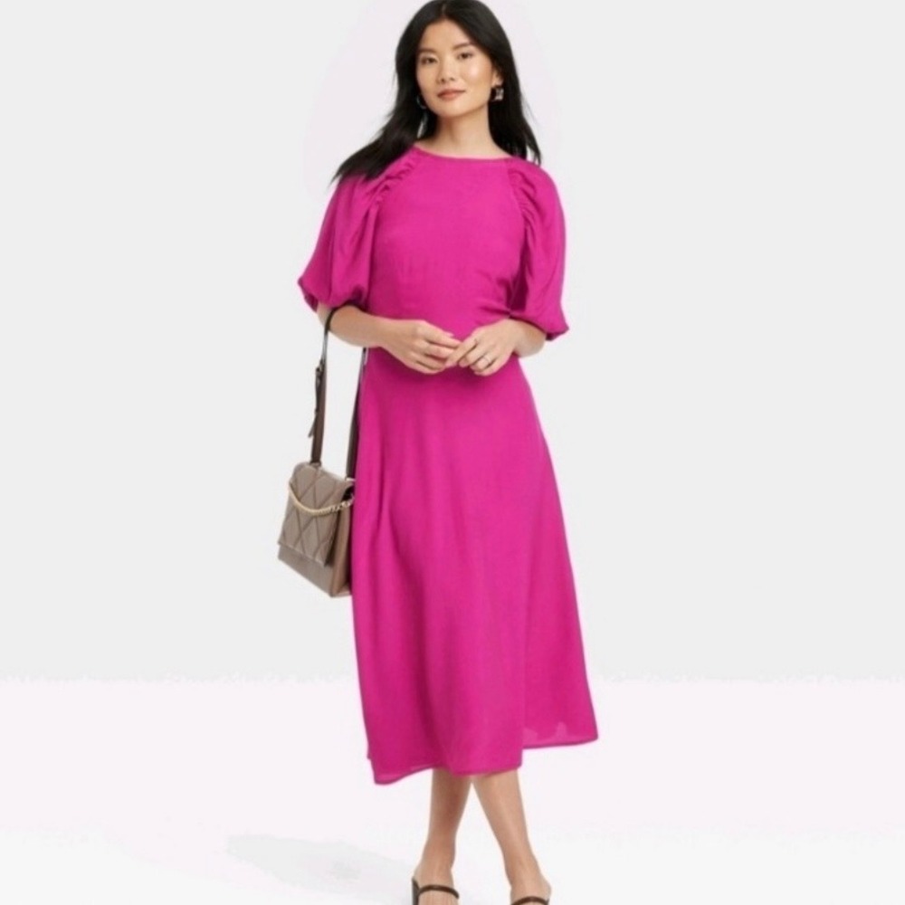 A New Day Magenta Pink Puff Sleeve Open Back Midi Dress Womens Medium
